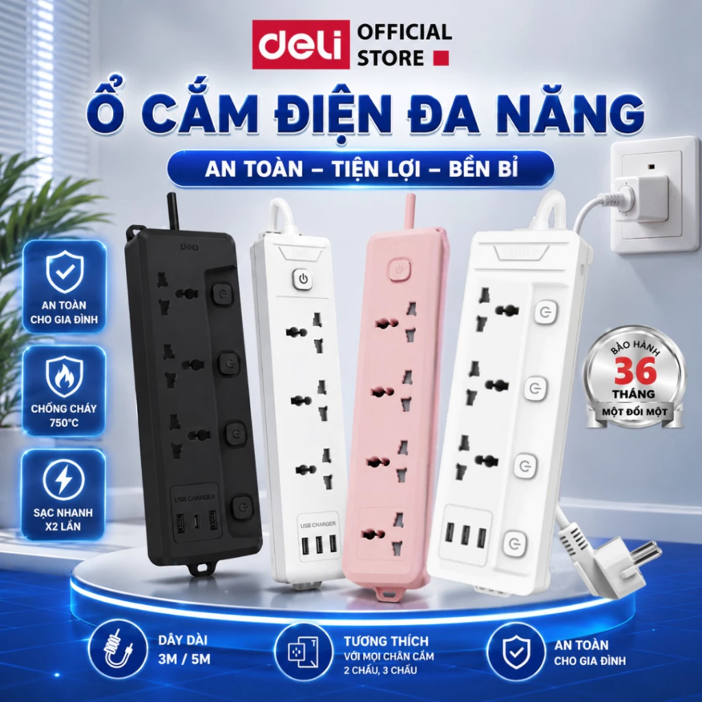 Ổ Cắm Điện DELI 2026 – Đa năng, Sạc nhanh 20W Type-C 2500W