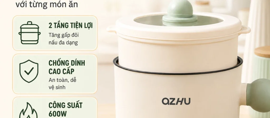 Nồi lẩu điện OZHU 18cm – Mini 2 nấc nhiệt kèm giá hấp