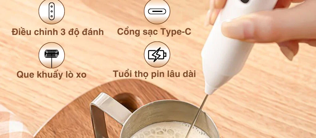 Máy đánh trứng cầm tay 3 tốc độ – Pin sạc, tạo bọt cà phê